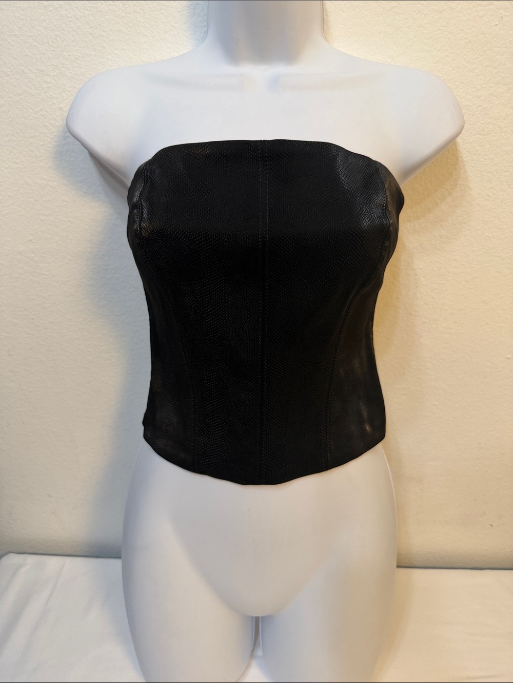 Strapless Black Faux Leather Bandeau Corset Top
